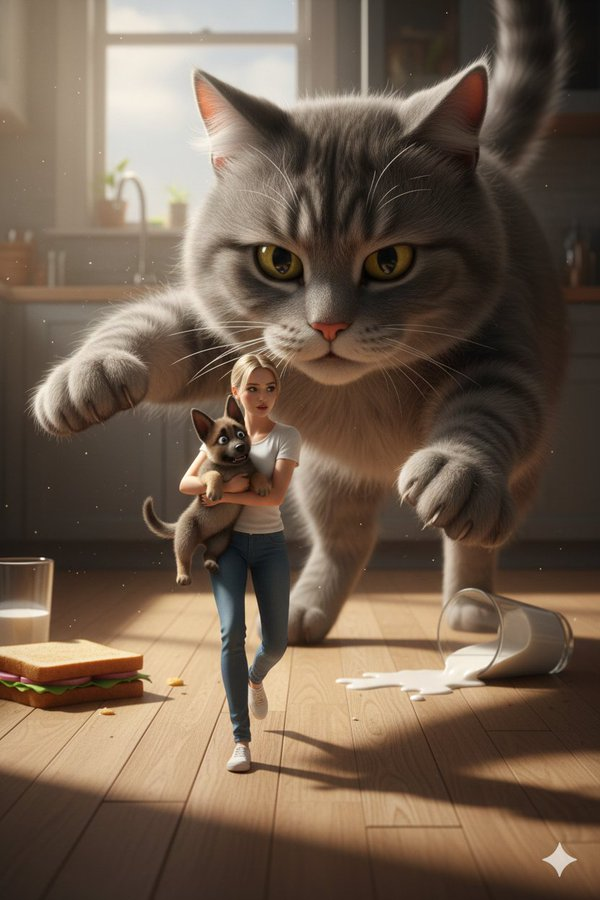 Cinematic Giant Cat Chasing Tiny Woman — Nano Banana Pro image prompt example