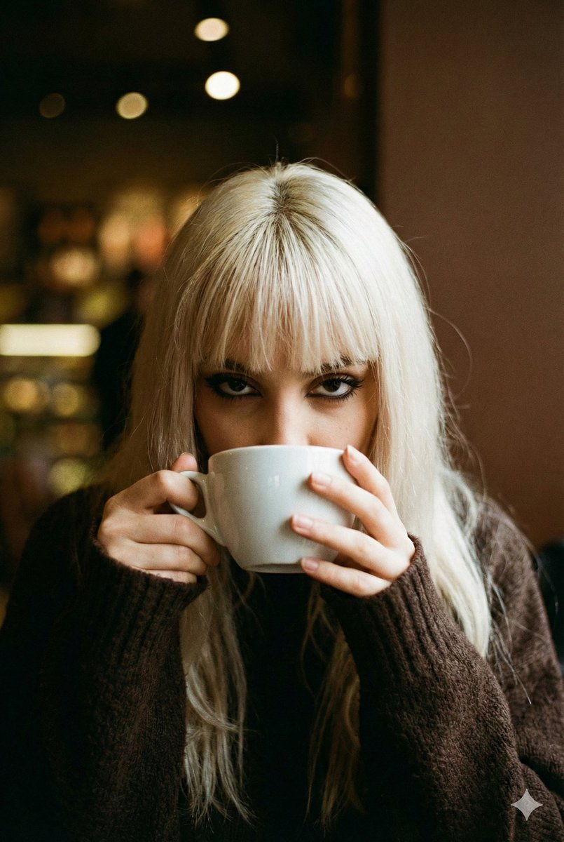 Cinematic Melancholic Cafe Portrait — Nano Banana Pro image prompt example