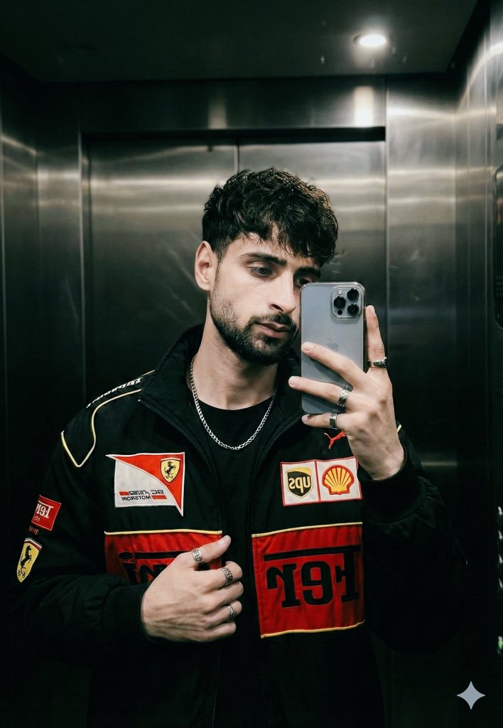 Cinematic Mirror Selfie In A Stainless Steel Elevator — Nano Banana Pro image prompt example