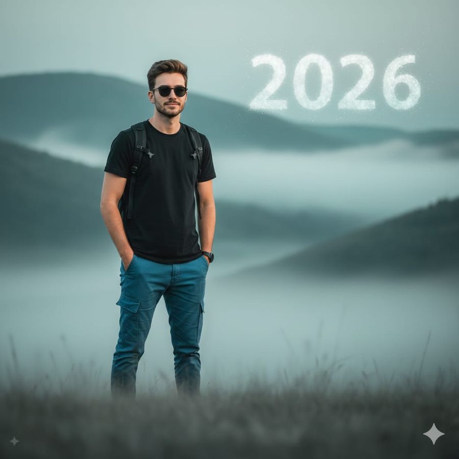 Cinematic Mountain Portrait With Floating Text — Nano Banana Pro image prompt example