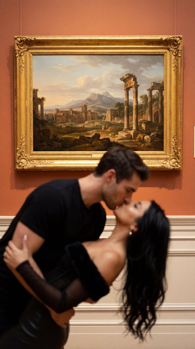 Cinematic Museum Romance Dip Kiss Editorial Prompt — Nano Banana Pro image prompt example