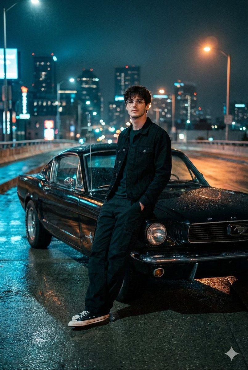 Cinematic Night Photo With 1960s Mustang — Nano Banana Pro image prompt example