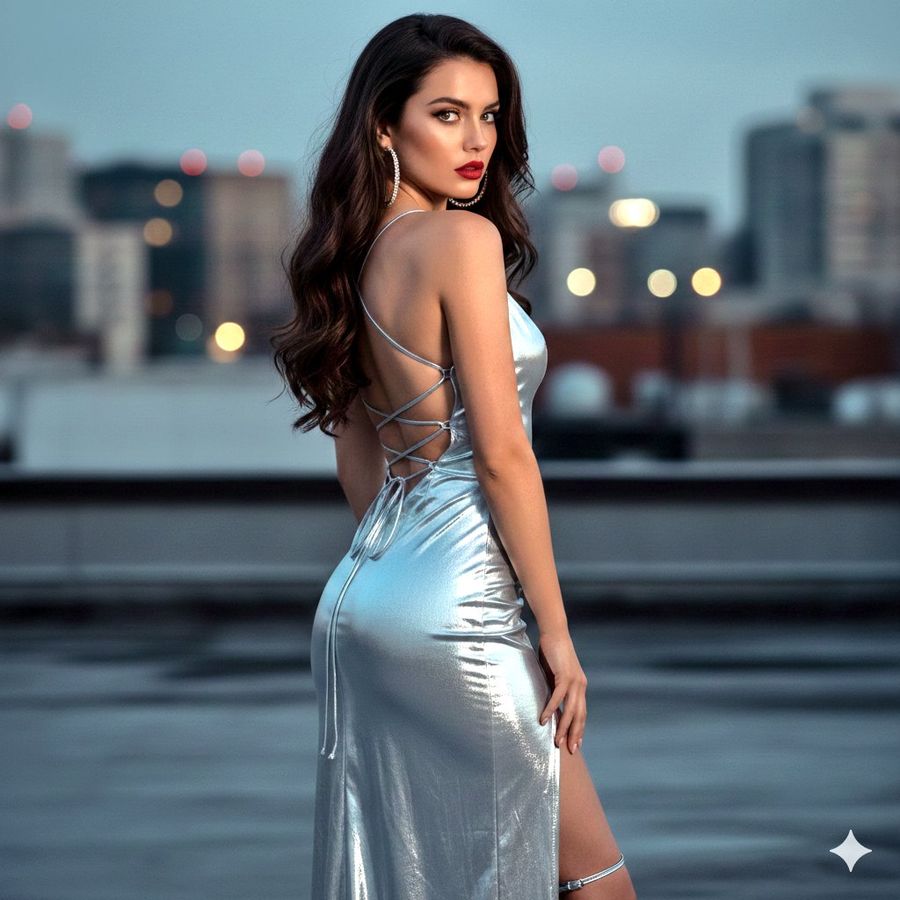 Cinematic Night Portrait In Silver Liquid Dress — Nano Banana Pro image prompt example