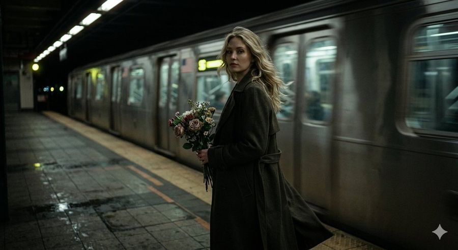 Cinematic Night Scene On Subway Platform — Nano Banana Pro image prompt example