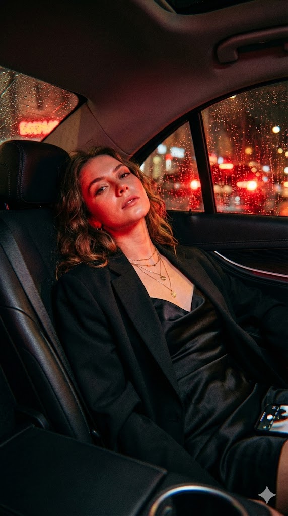 Cinematic Noir Taxi Backseat Portrait — Nano Banana Pro image prompt example