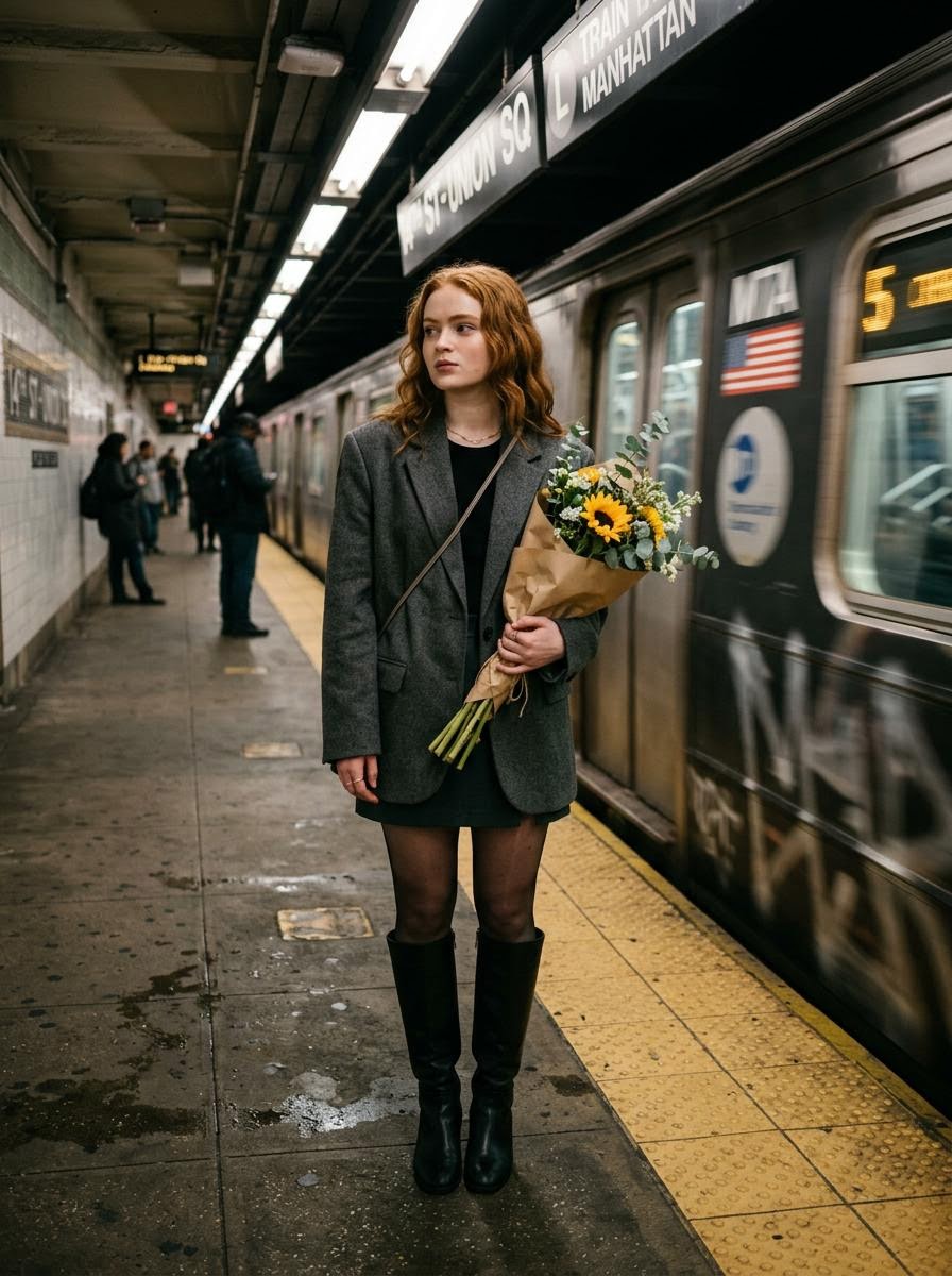 Cinematic Photo Of A Woman On A Subway Platform With Motion Blur — Nano Banana Pro image prompt example