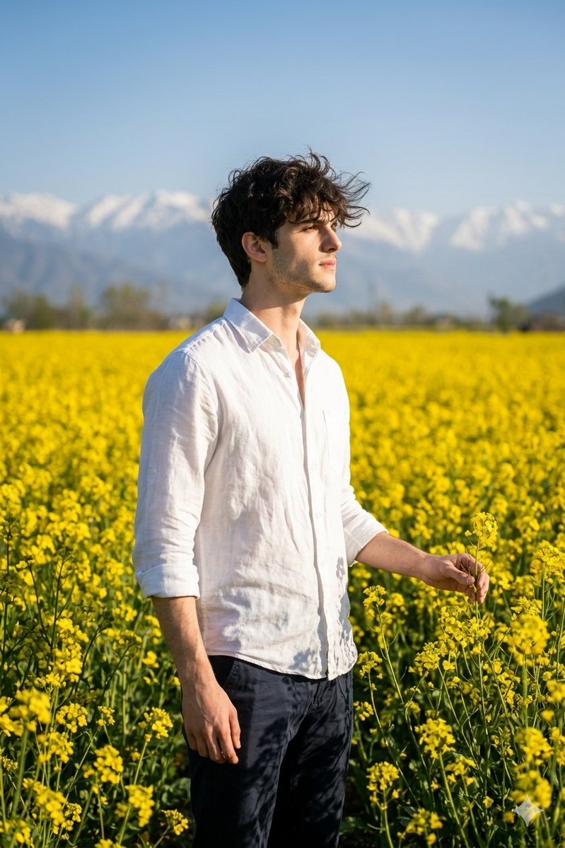 Cinematic Portrait In Kashmir Mustard Field — Nano Banana Pro image prompt example