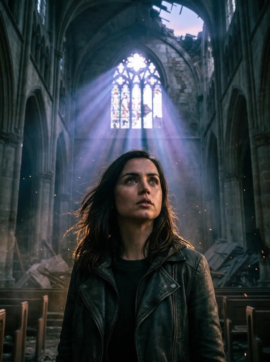 Cinematic Portrait In Ruined Gothic Cathedral — Nano Banana Pro image prompt example