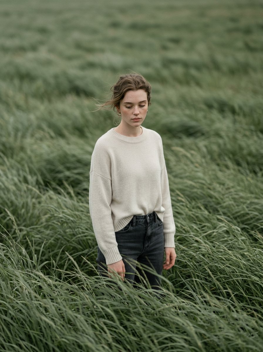 Cinematic Portrait In Sage Green Grass Field — Nano Banana Pro image prompt example