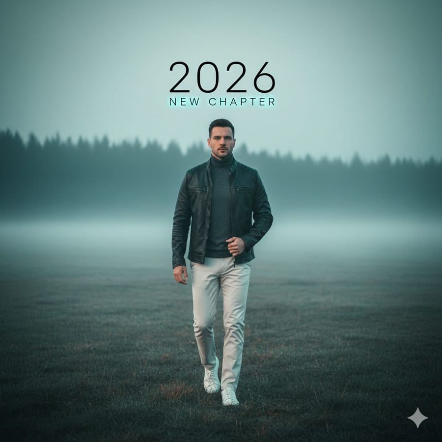 Cinematic Portrait Man Walking In Foggy Meadow With Typography — Nano Banana Pro image prompt example