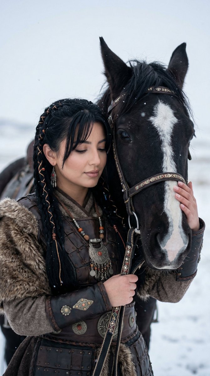 Cinematic Portrait Of Ancient Turkic Woman And Horse In Snow — Nano Banana Pro image prompt example