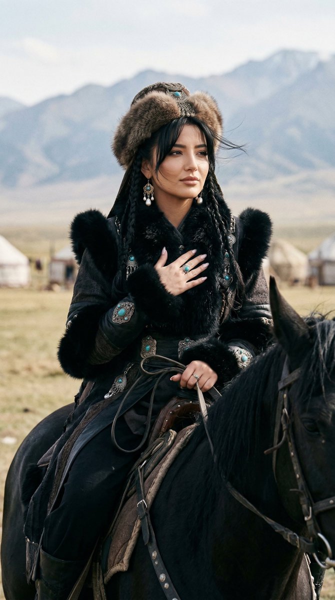 Cinematic Portrait Of Old Turkic Noblewoman On Black Horse Image To Image — Nano Banana Pro image prompt example
