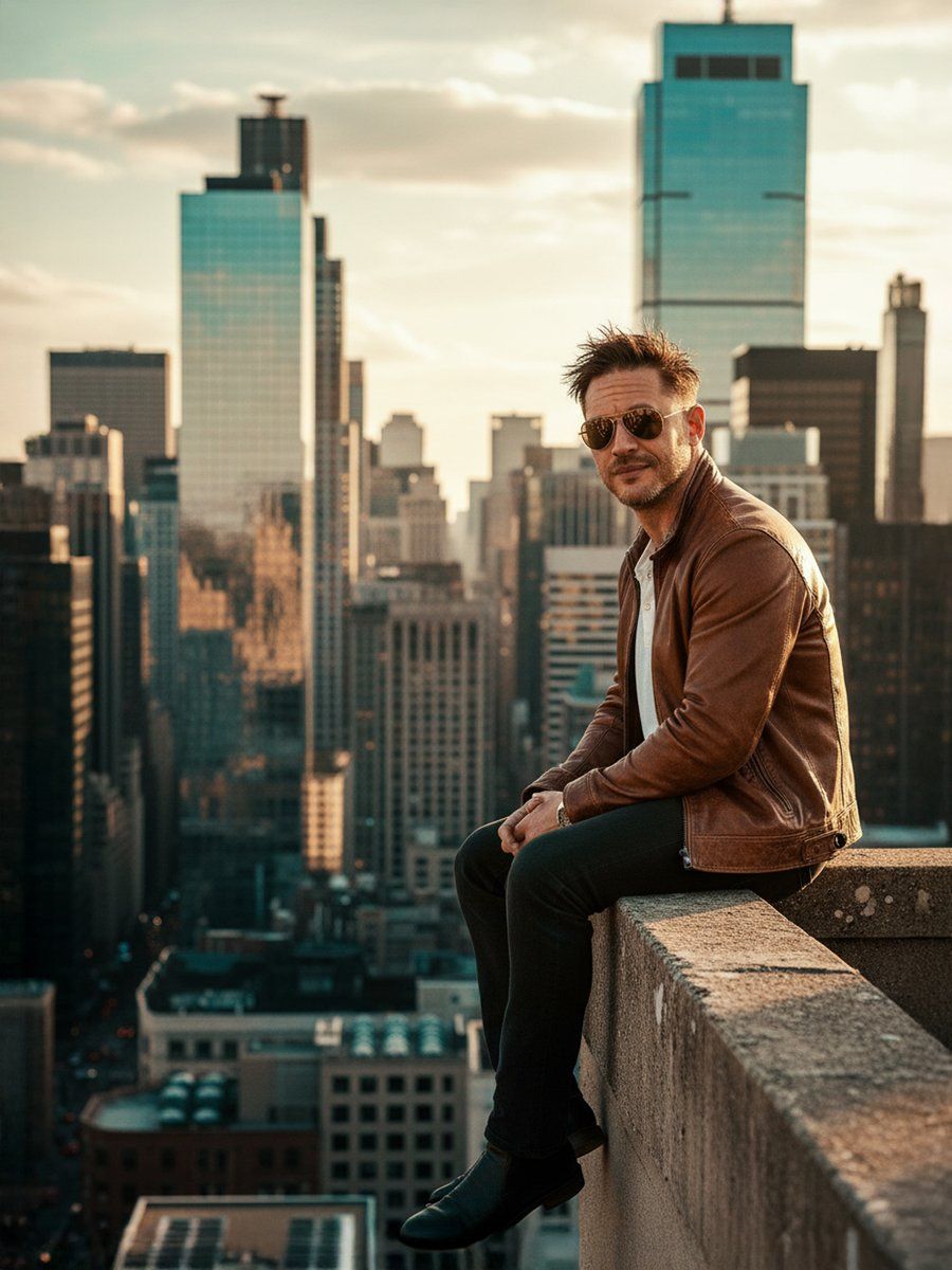 Cinematic Portrait On A Rooftop Ledge At Golden Hour — Nano Banana Pro image prompt example
