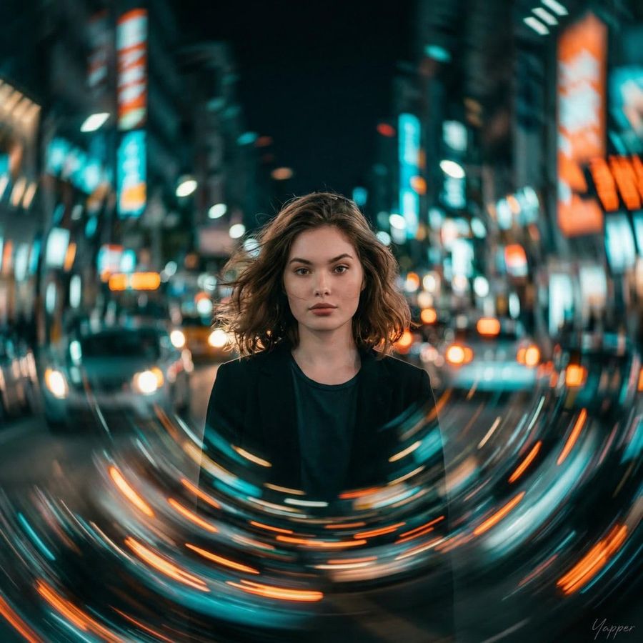 Cinematic Portrait With Motion Blur Cityscape — Nano Banana Pro image prompt example
