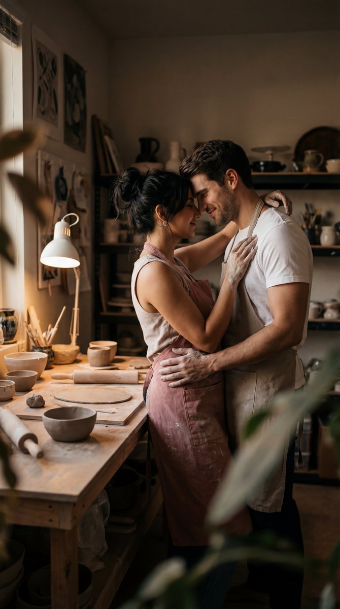 Cinematic Pottery Studio Couple Embrace Prompt — Nano Banana Pro image prompt example
