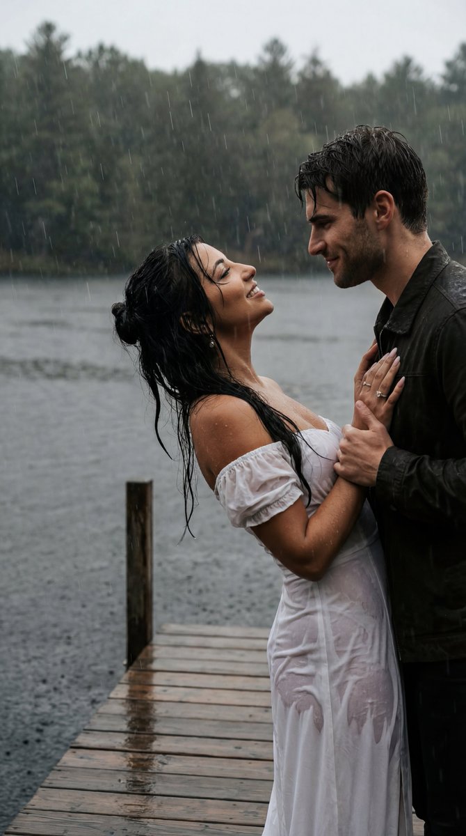 Cinematic Rainy Lakeside Couple Scene Prompt Reference Lock — Nano Banana Pro image prompt example