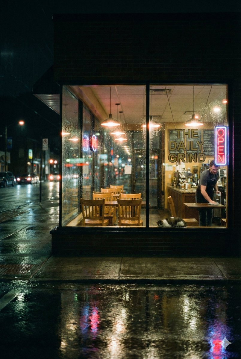 Cinematic Rainy Night Caf Scene Prompt — Nano Banana Pro image prompt example