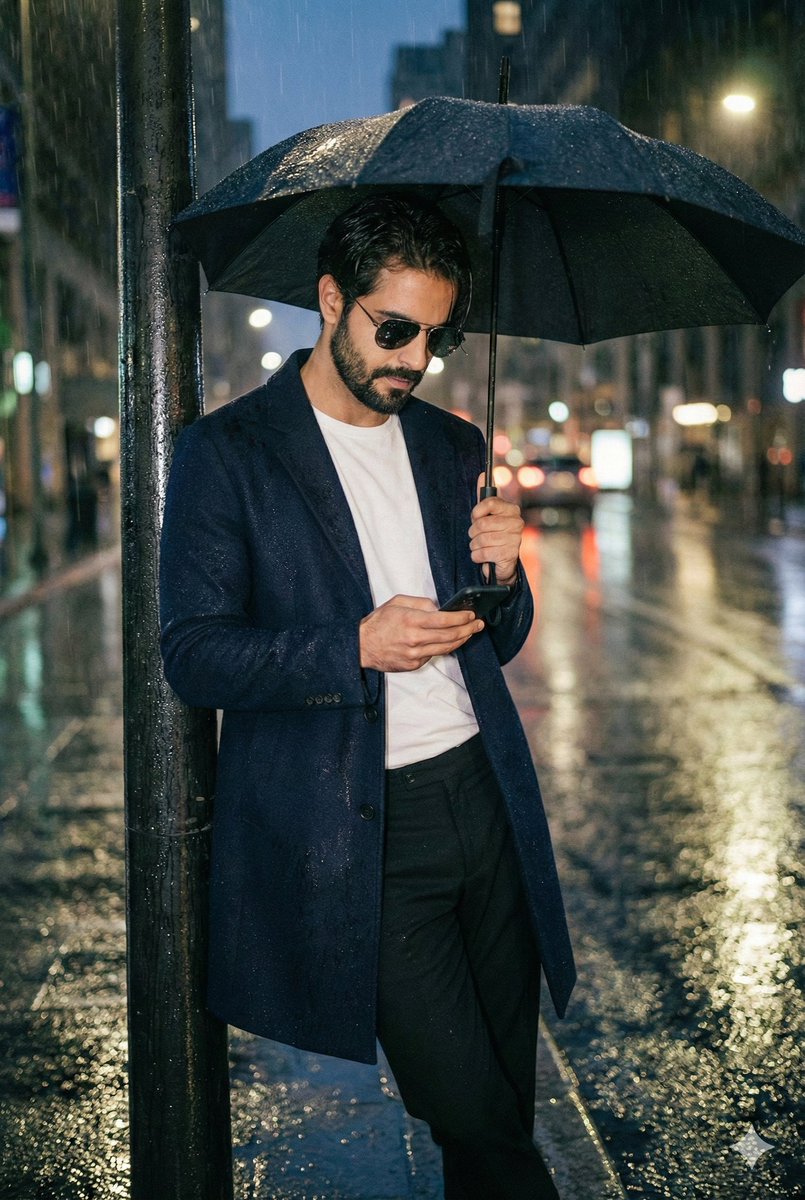 Cinematic Rainy Night Street Portrait Of A Confident Man — Nano Banana Pro image prompt example