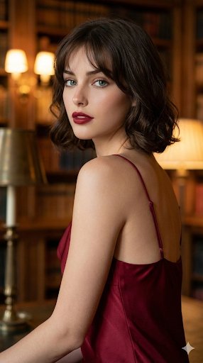 Cinematic Red Dress Portrait In A Vintage Library — Nano Banana Pro image prompt example
