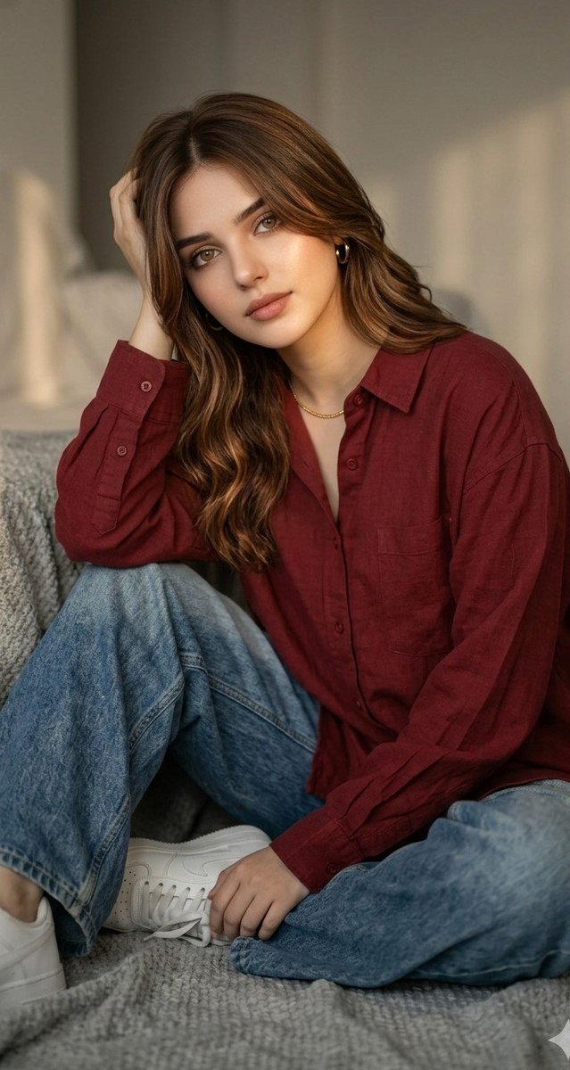 Cinematic Red Shirt Portrait Girl — Nano Banana Pro image prompt example