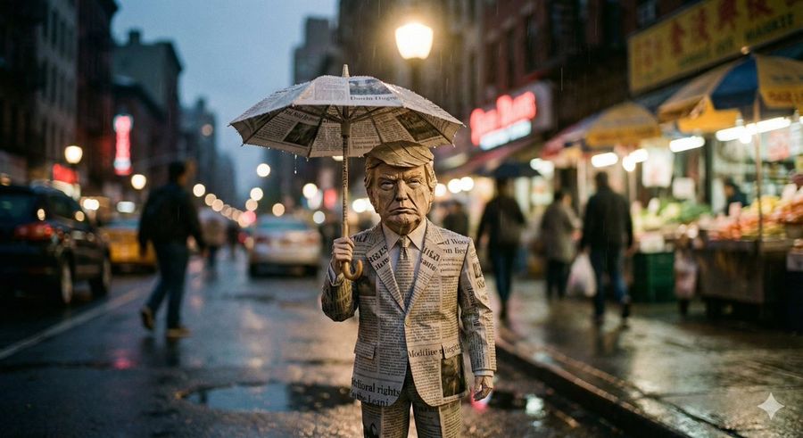 Cinematic Still Life Of Paper Celebrity Figure In Rain — Nano Banana Pro image prompt example