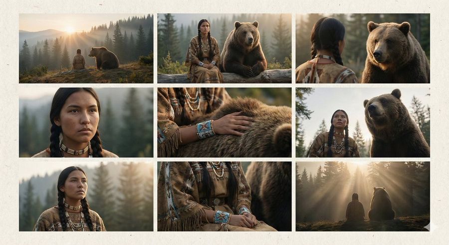 Cinematic Storyboard Of Woman And Bear In Forest — Nano Banana Pro image prompt example