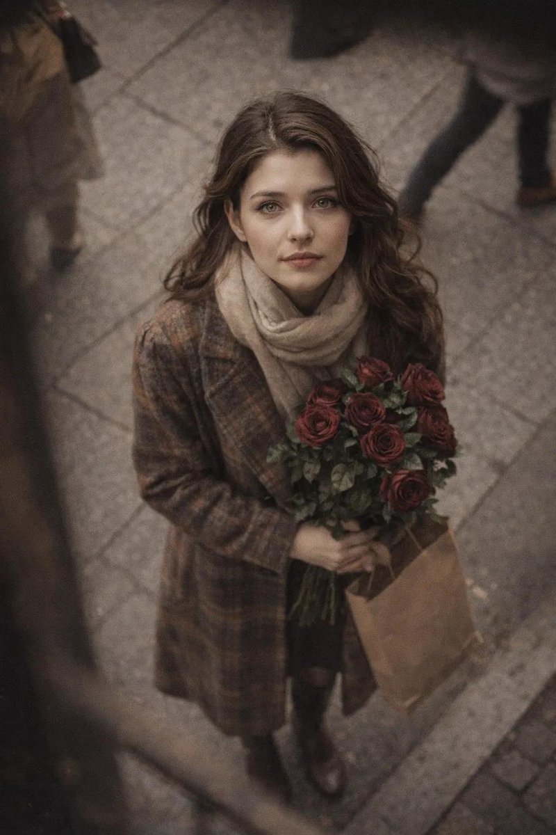 Cinematic Street Photography Portrait With Roses — Nano Banana Pro image prompt example