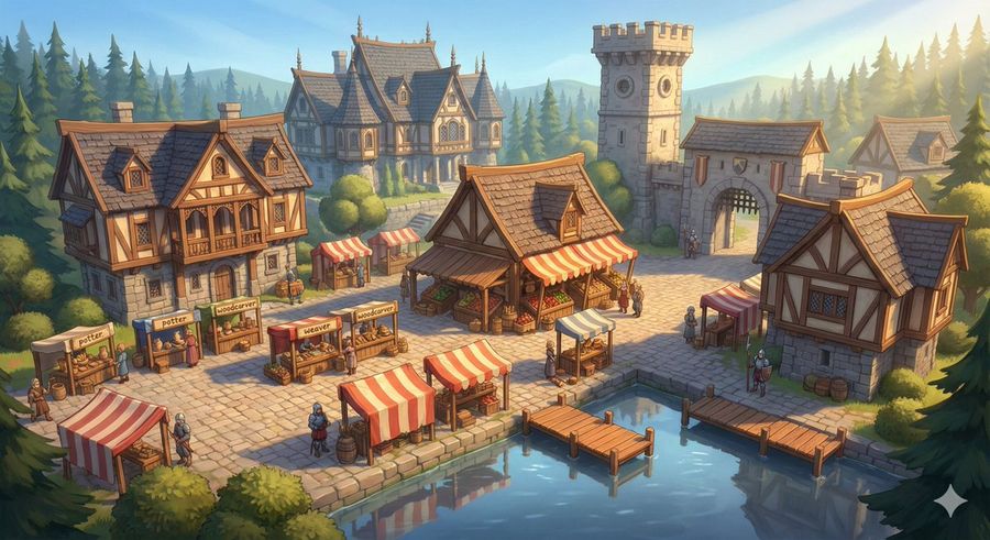 Cinematic Stylized Medieval Market Day — Nano Banana Pro image prompt example