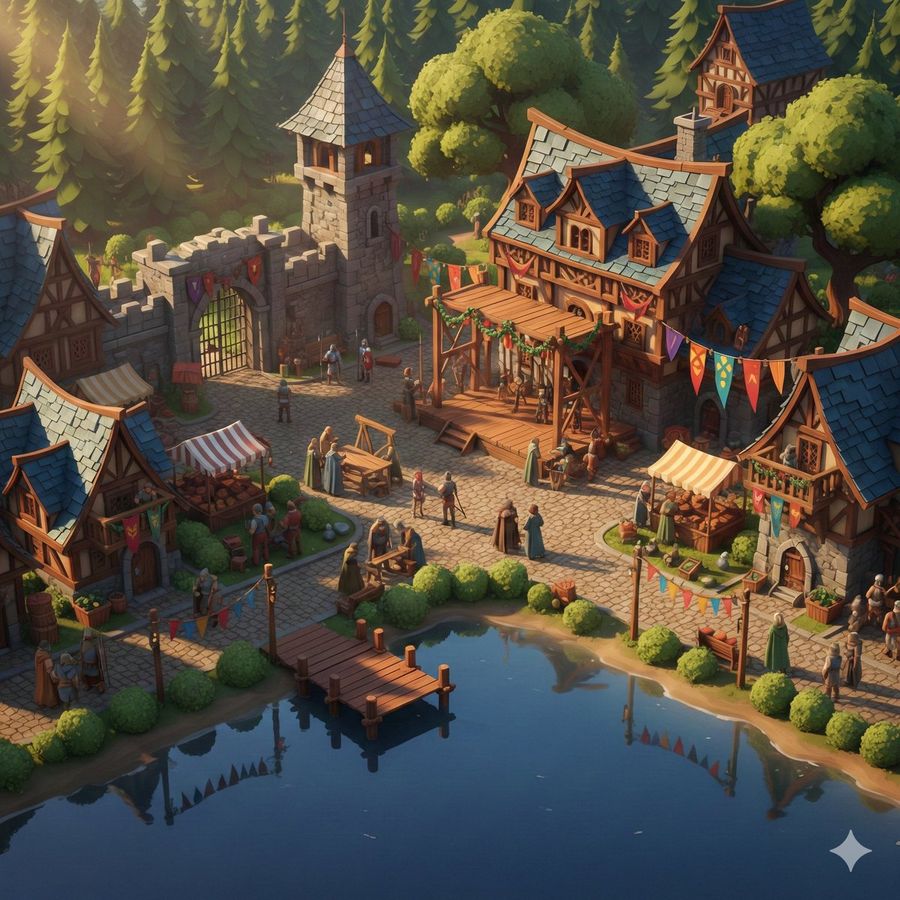 Cinematic Stylized Medieval Village Festival Scene — Nano Banana Pro image prompt example