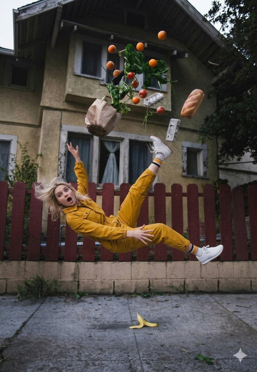 Cinematic Surreal Moment Woman Falling With Exploding Grocery Bag — Nano Banana Pro image prompt example