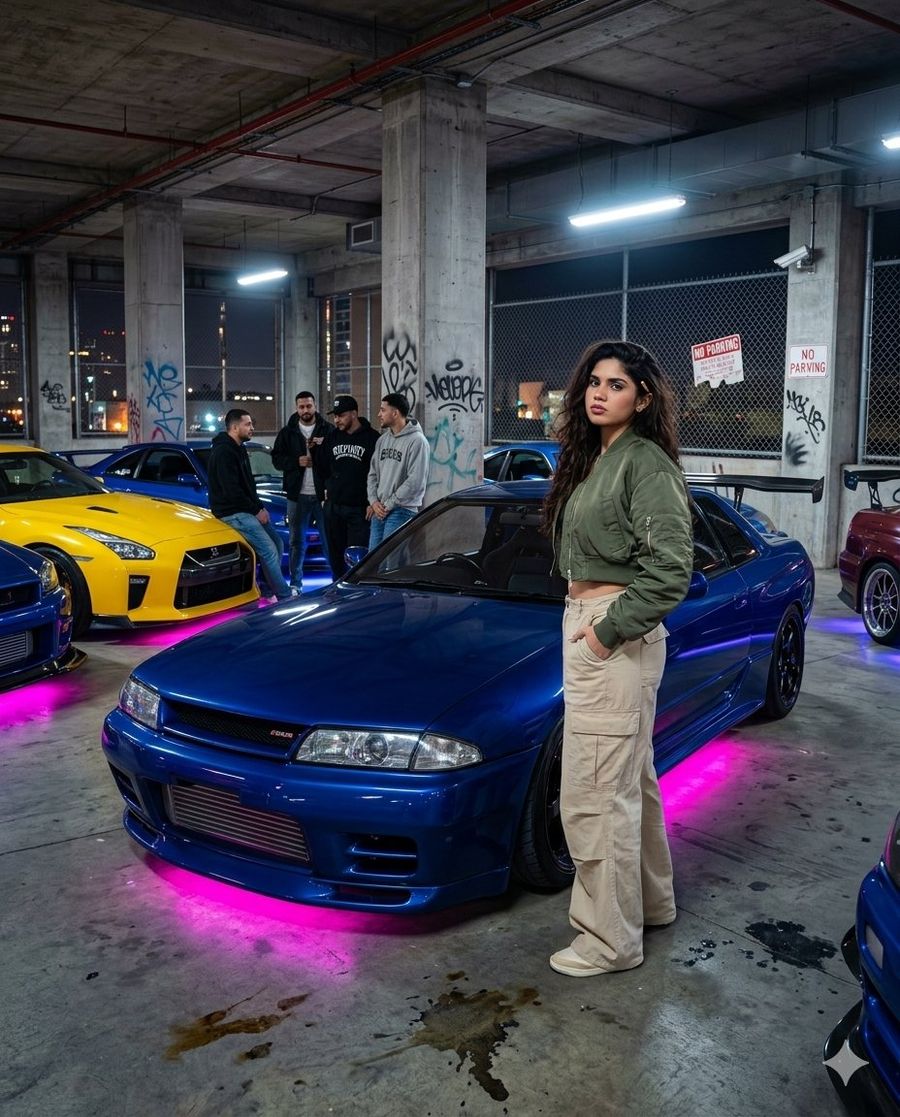 Cinematic Urban Car Meet Scene — Nano Banana Pro image prompt example