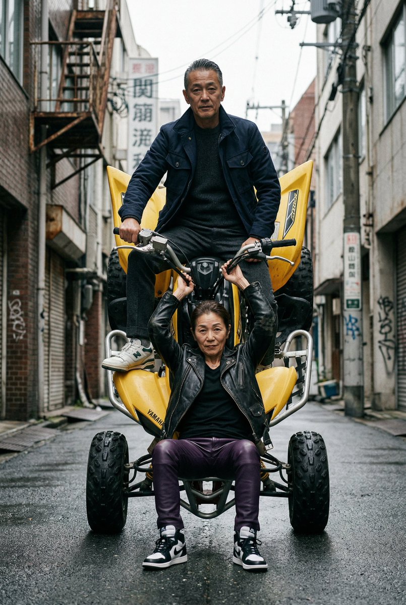 Cinematic Urban Street Scene With Quad Bike And Older Couple — Nano Banana Pro image prompt example