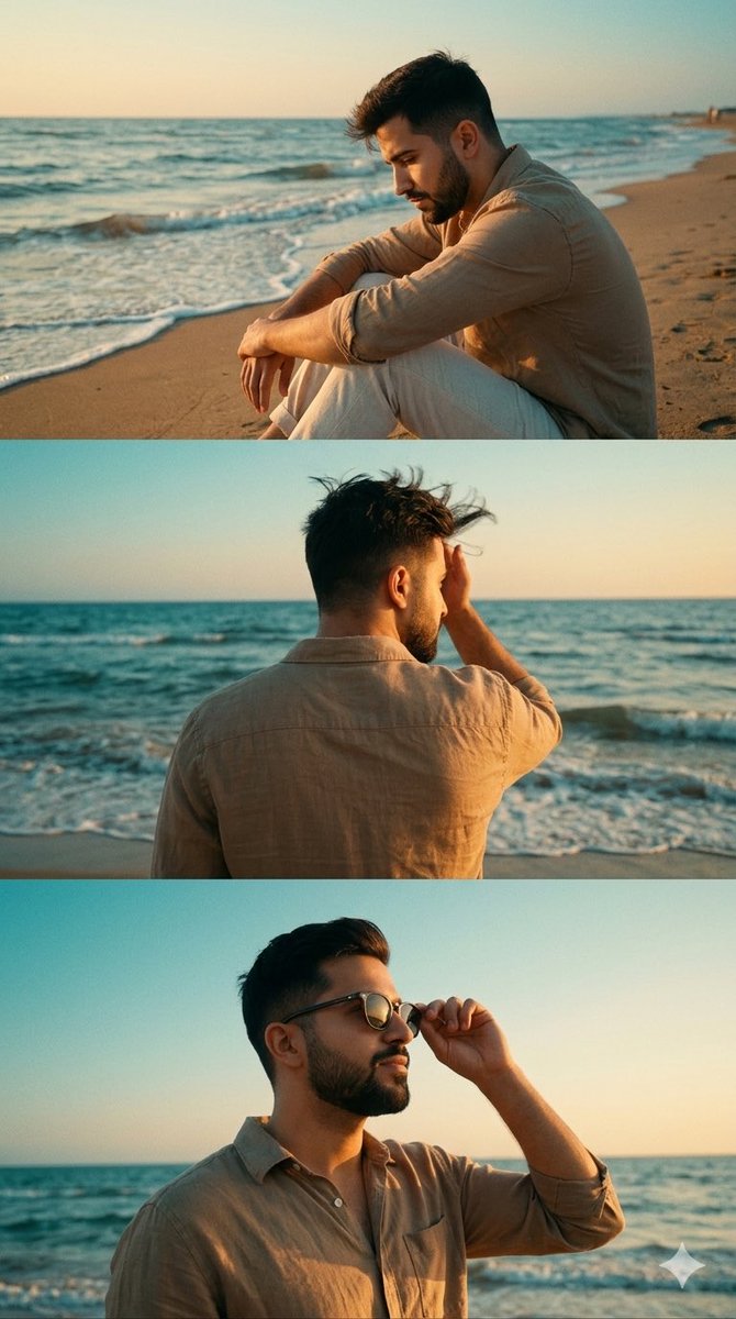 Cinematic Vertical Collage Of A Stylish Man At The Beach — Nano Banana Pro image prompt example