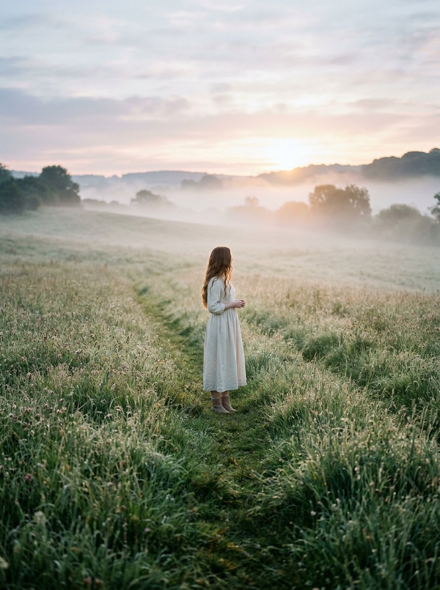 Cinematic Wide Shot Of Girl In Dewy Meadow At Sunrise — generated with Nano Banana Pro