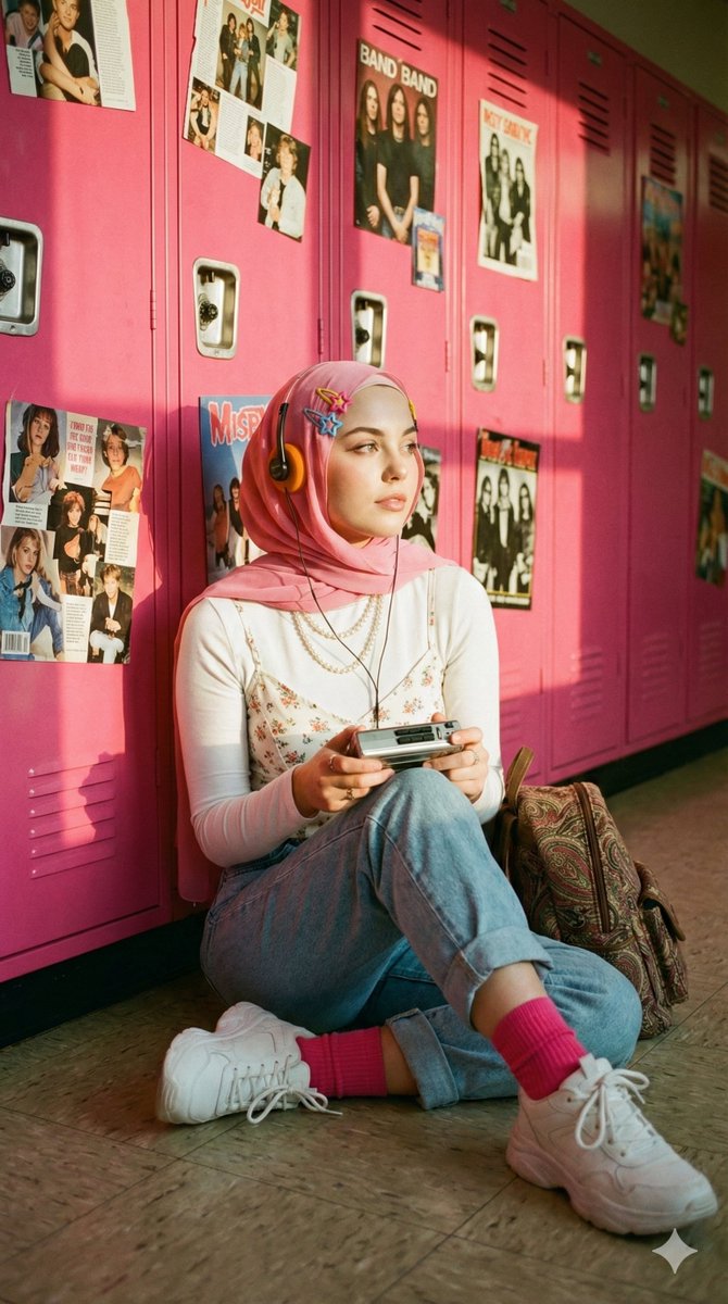 Cinematic Y2k Portrait Of A Hijab Woman With A Cassette Player — Nano Banana Pro image prompt example