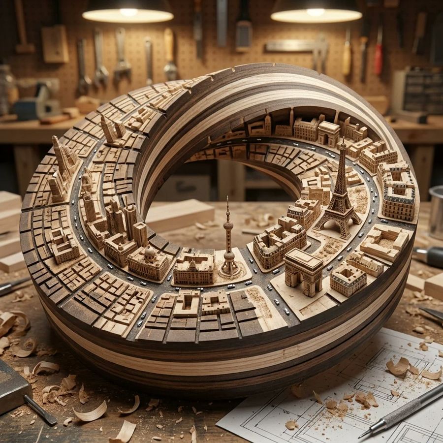 Cnc Router Wood City Sculpture — Nano Banana Pro image prompt example