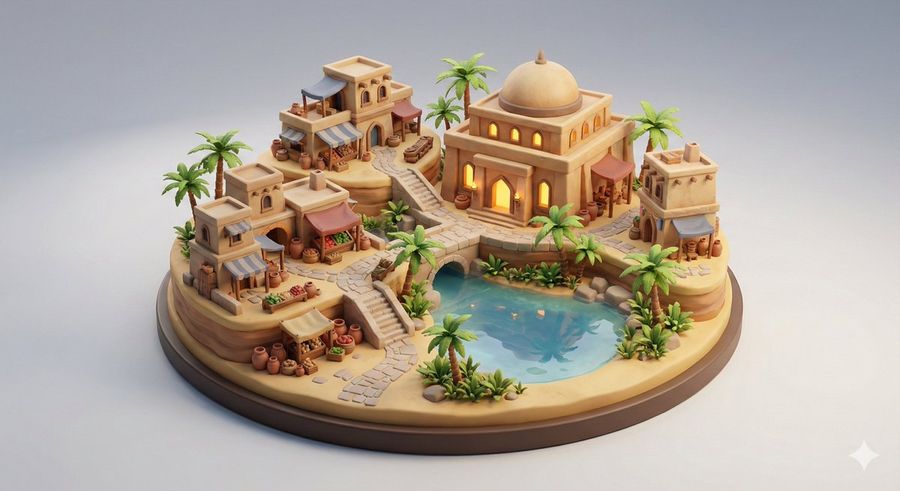 Collectible Miniature Diorama Of A Developed Desert Oasis Settlement — Nano Banana Pro image prompt example