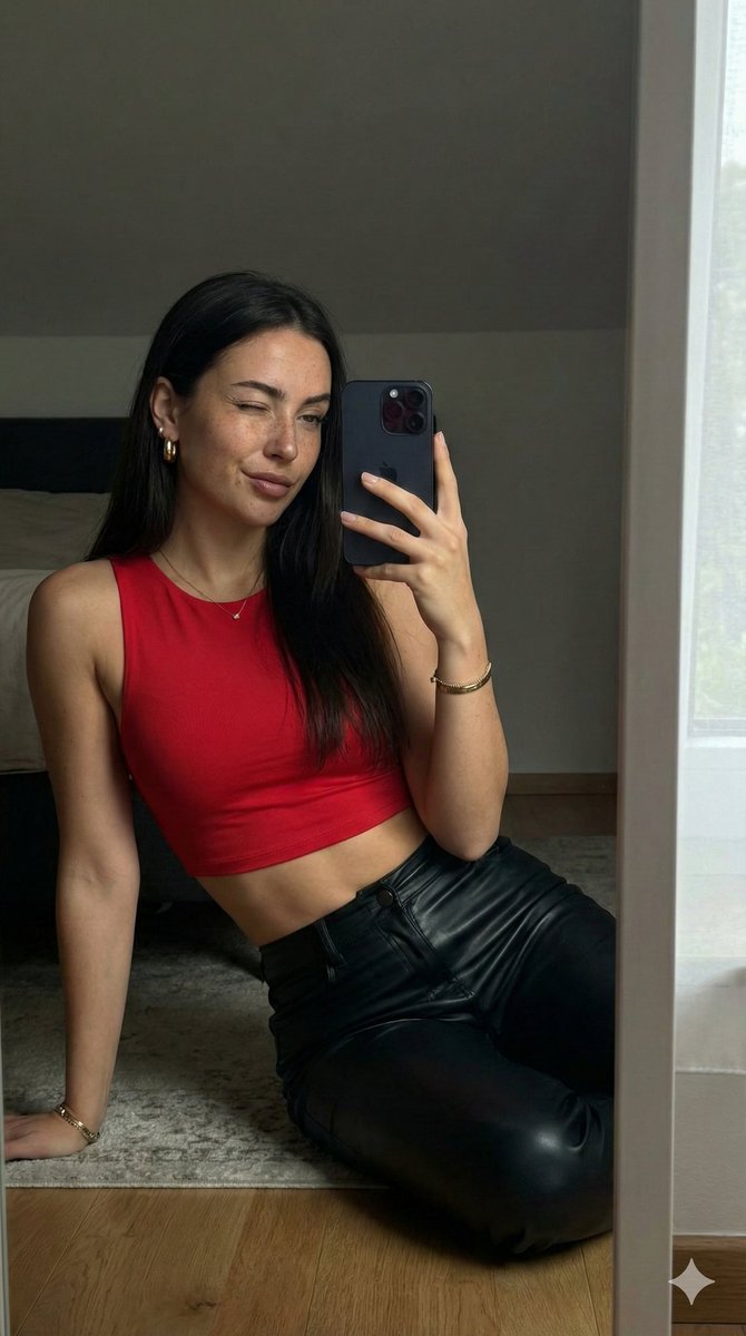 Confident Mirror Selfie Portrait With Red And Black Aesthetic — Nano Banana Pro image prompt example