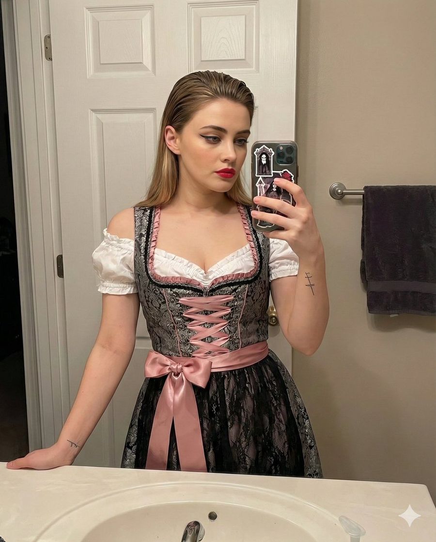 Coquette Goth Dirndl Mirror Selfie — Nano Banana Pro image prompt example