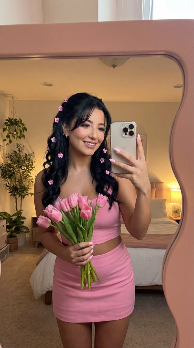 Coquette Mirror Selfie With Pink Flowers And Identity Lock — Nano Banana Pro image prompt example