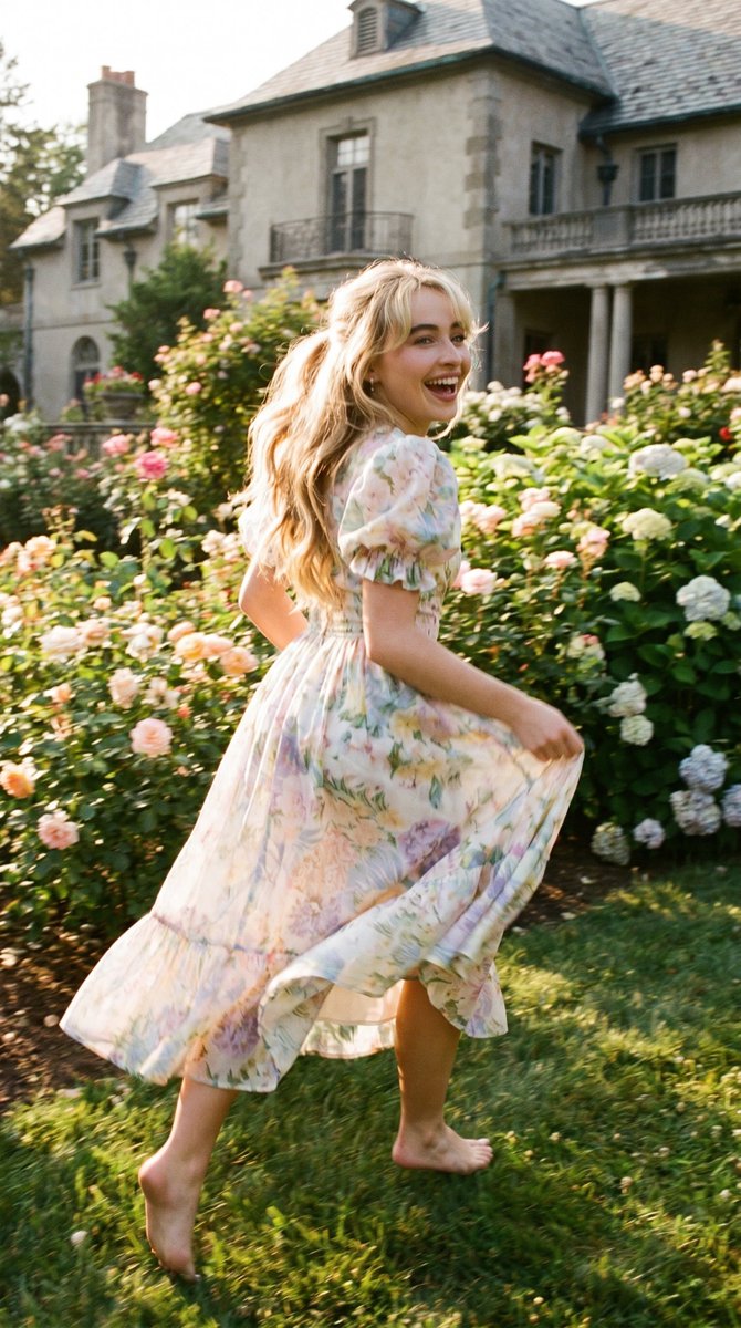 Countryside Flower Garden Running Dress — Nano Banana Pro image prompt example
