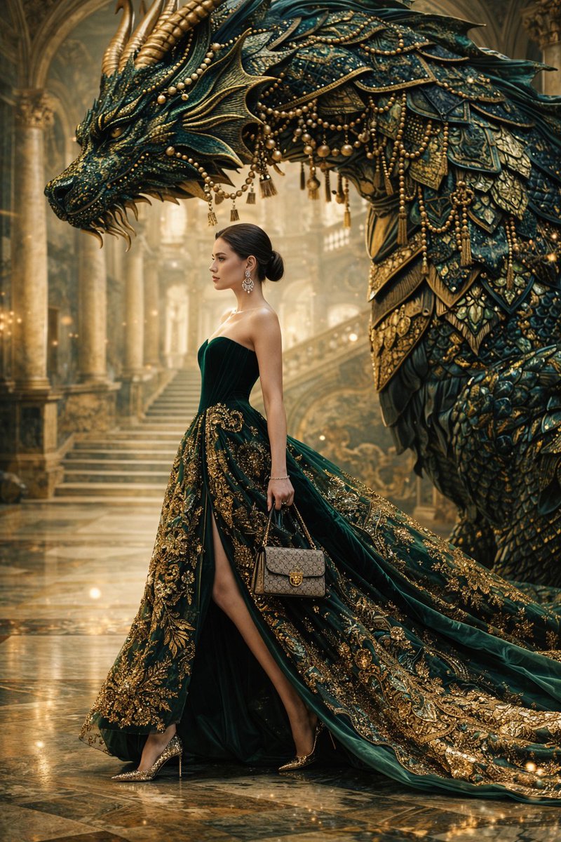 Couture Woman And Colossal Dragon In Renaissance Palace — Nano Banana Pro image prompt example