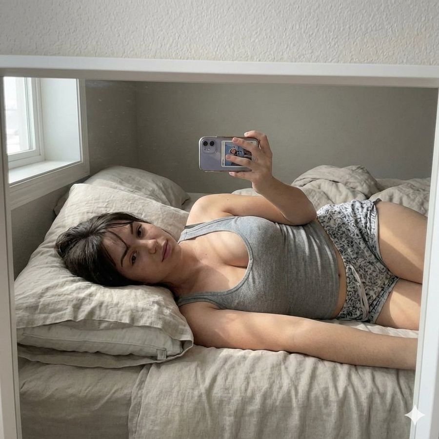 Cozy Bed Mirror Selfie In Loungewear — Nano Banana Pro image prompt example