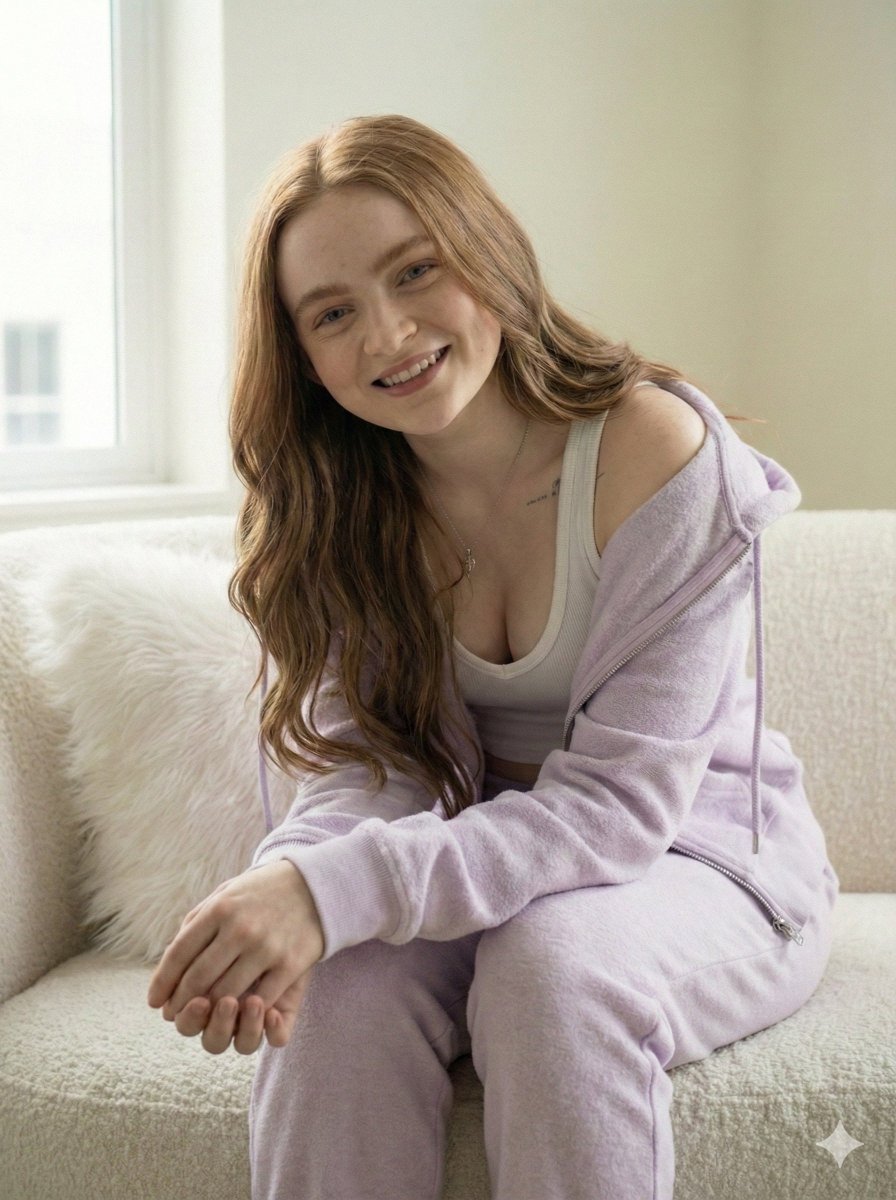 Cozy Loungewear Portrait On A Sofa — Nano Banana Pro image prompt example