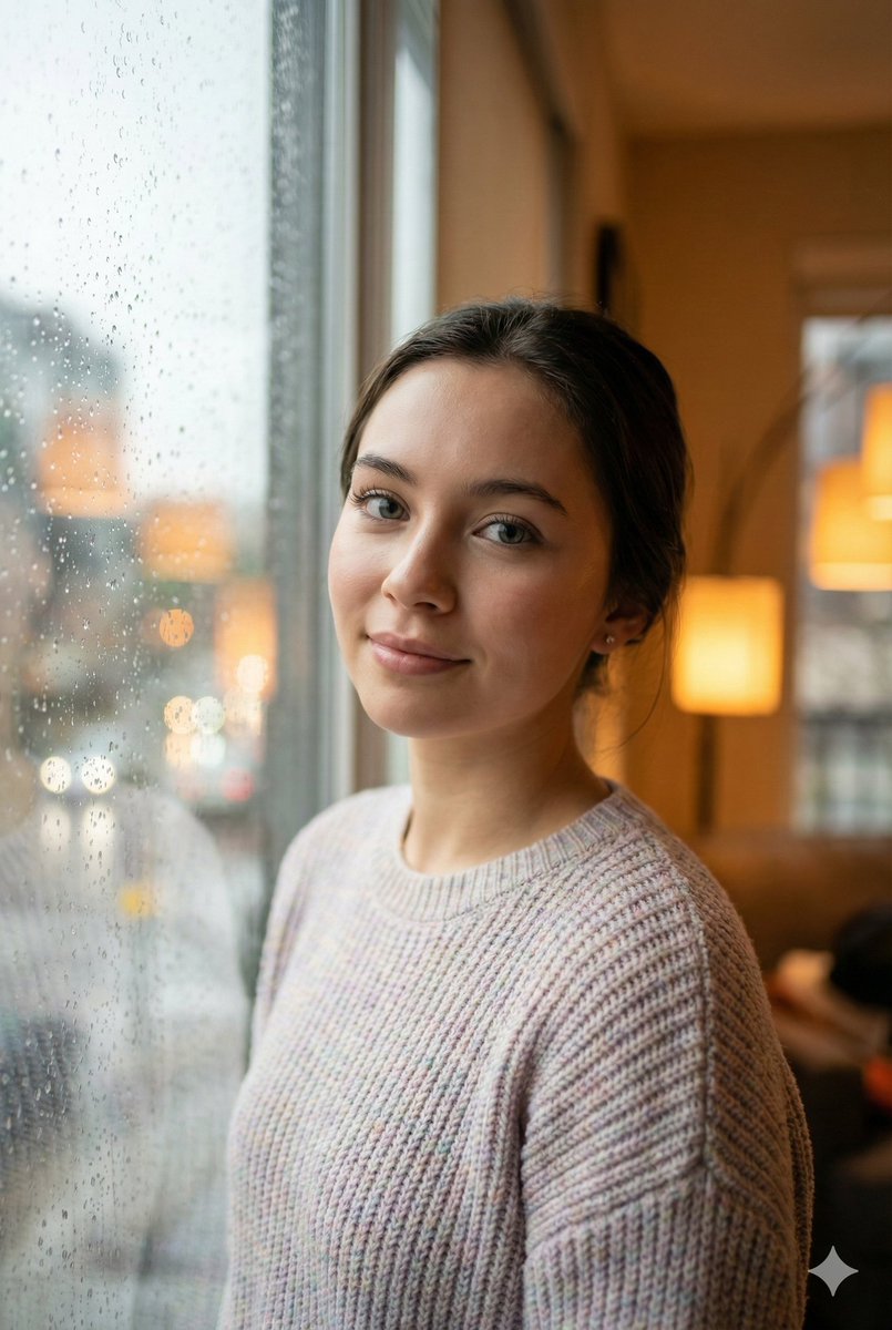 Cozy Realism Rainy Day Portrait Prompt — Nano Banana Pro image prompt example