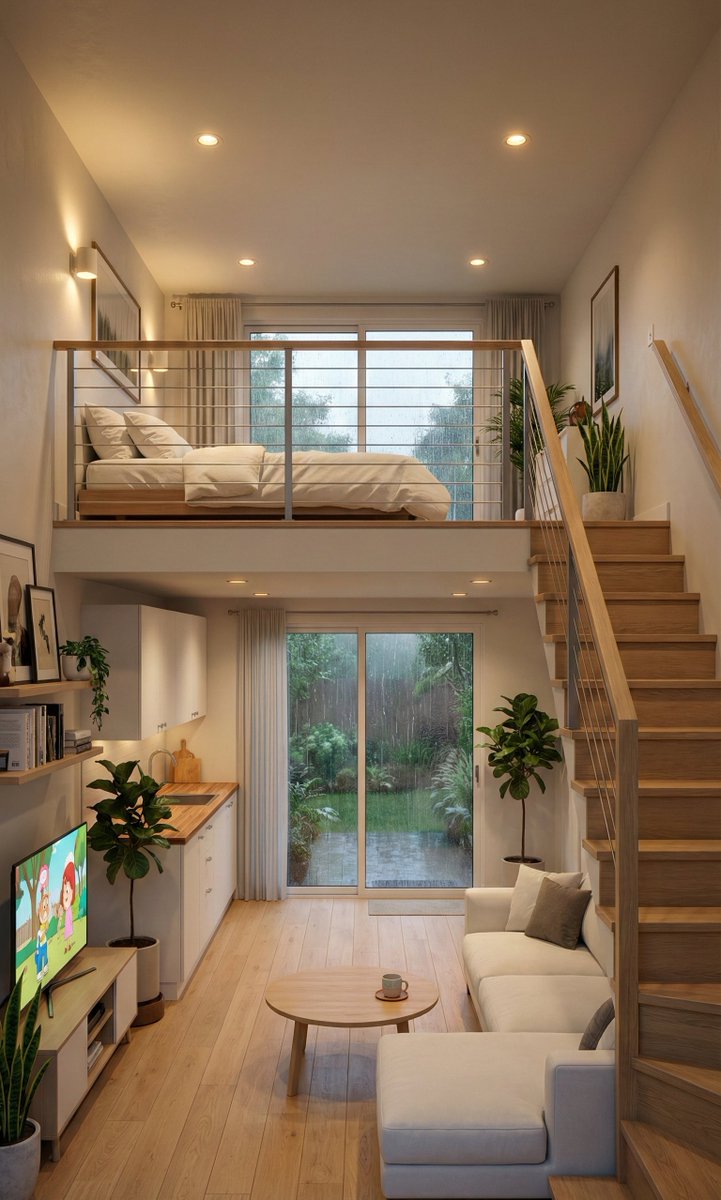 Cozy Split Level Studio Apartment With Rainy Garden View Structured — Nano Banana Pro image prompt example
