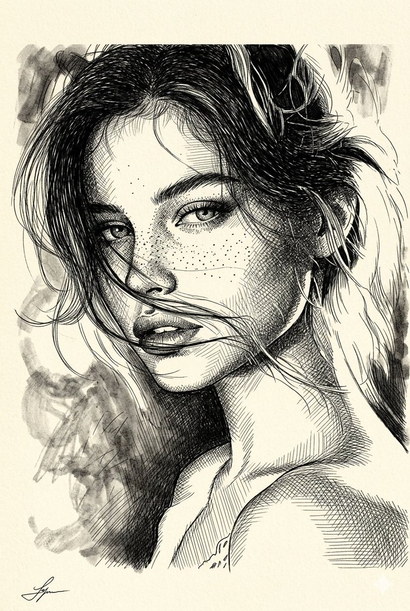 Cross Hatched Ink Freckled Portrait — generated with Nano Banana Pro