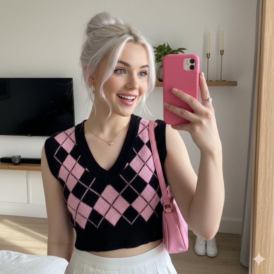 Cute Blonde Girl Mirror Selfie In Argyle Vest — Nano Banana Pro image prompt example