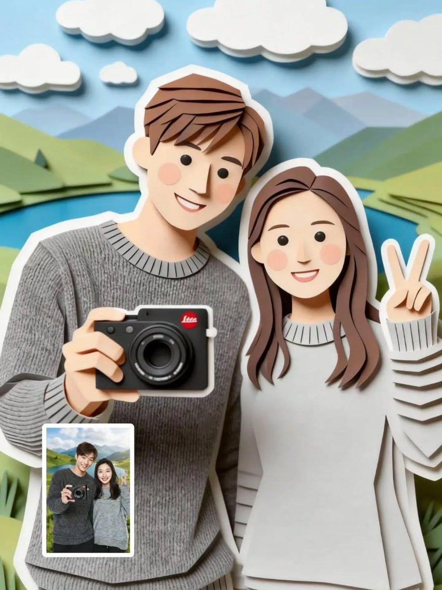 Cute Paper Cut Style Couple Selfie Illustration — Nano Banana Pro image prompt example