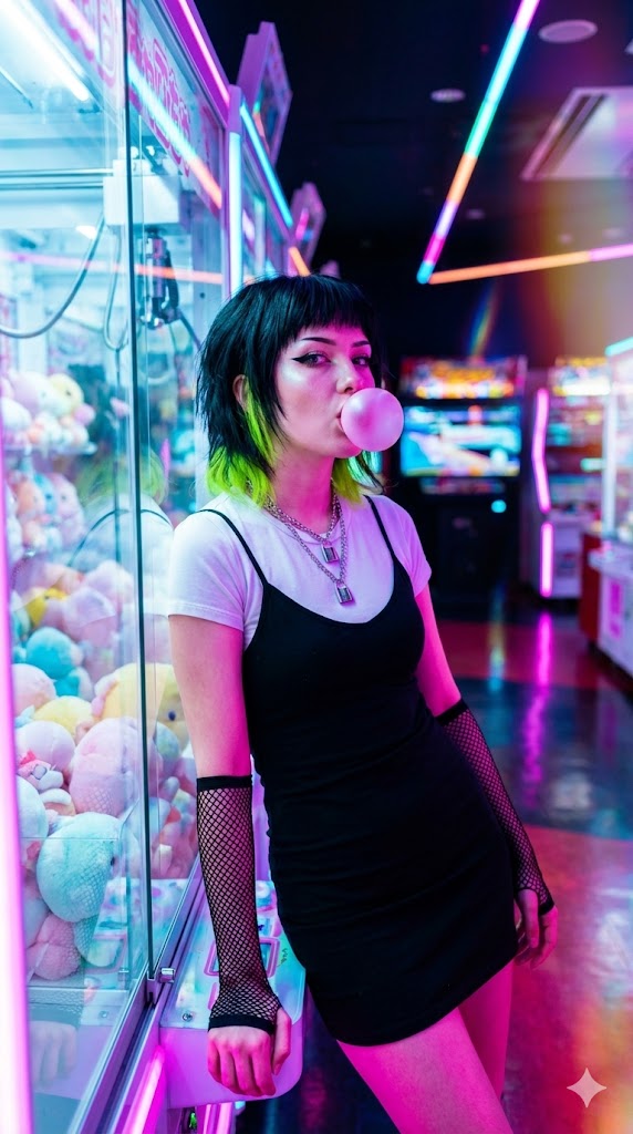 Cyber Pop E Girl In Neon Arcade — Nano Banana Pro image prompt example